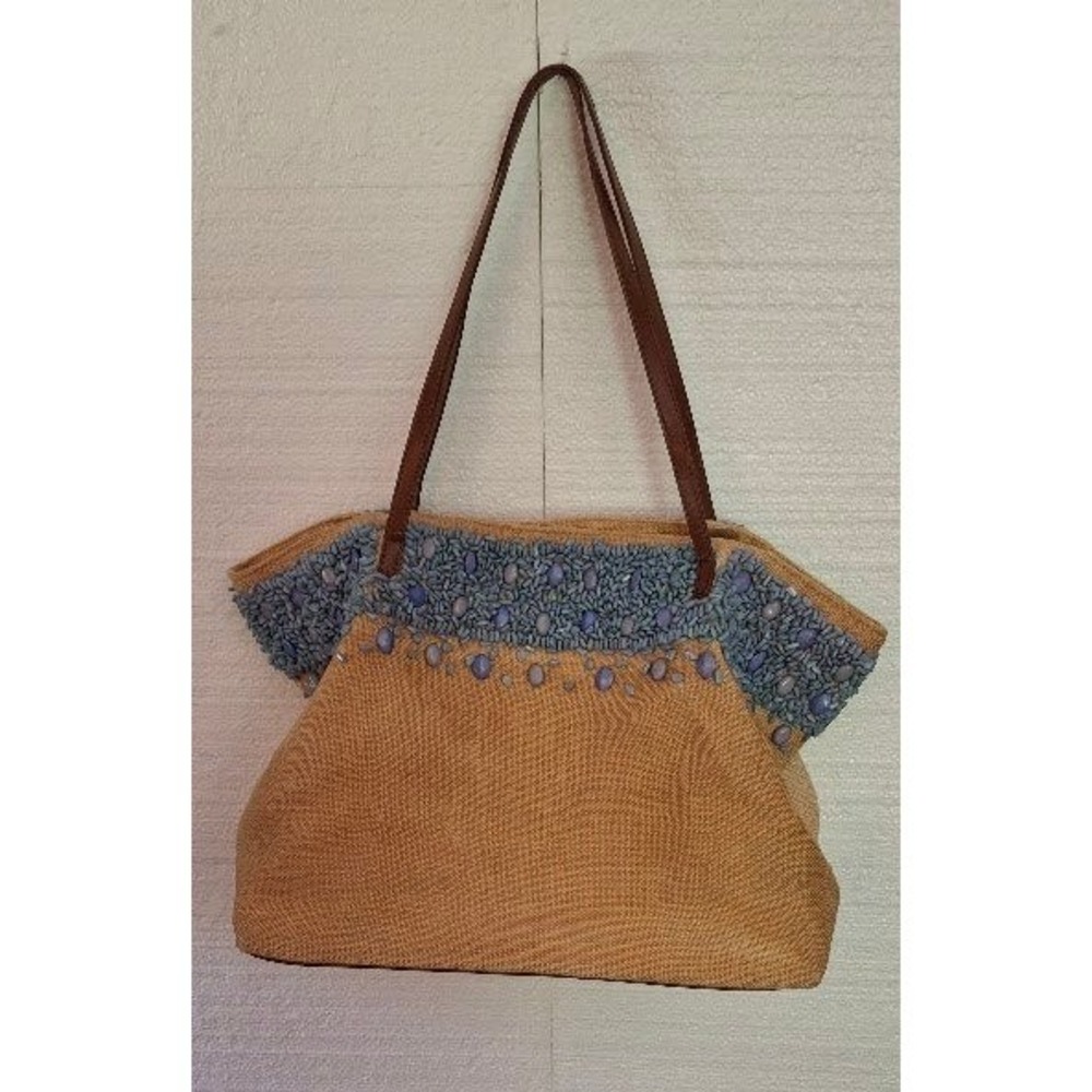 Sondra Roberts Woven Straw Tote Bag Blue Beaded Trim Boho Summer Shoulder Bag